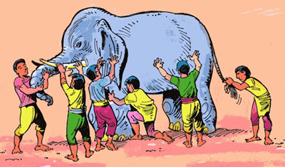 Blind-men are examining the body of an elephant .