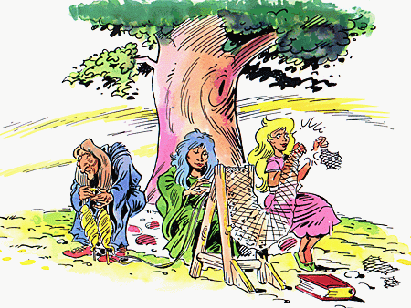 The Fates or Norns determining the destinies of humans and gods.