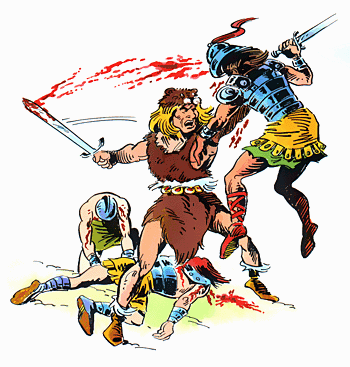 A Norse berserker fights wildly and bloodily.