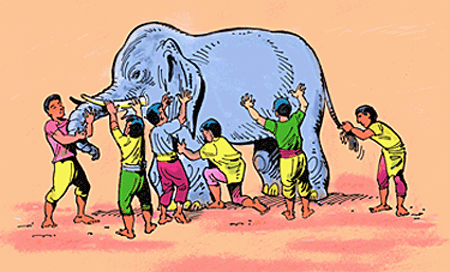 Six blindmen touching an elephant.