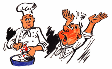 A man feints when he sees the cook cut his finger.