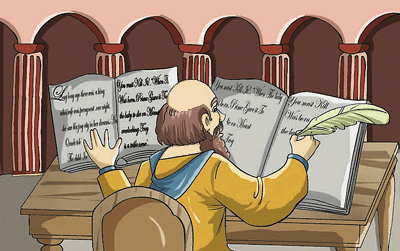 A calligraphist is writing artistic writing from one book to another book.