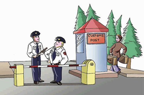 A man is circumventing the custom guards as he sneaks behind the guard house