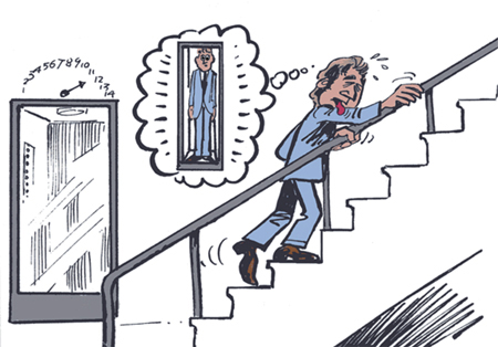 A man walks many floors up in the building because he is too afraid of being closed or trapped in an elevator..