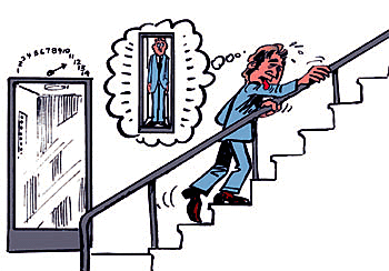 A man walks many floors up in the building because he is too afraid of being closed or trapped in an elevator.