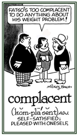 Satisfied or pleased with oneself.