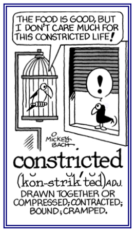 Contracted or cramped into one place.