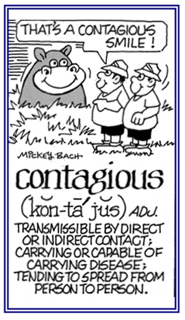 Transmissible by indirect or by direct contact and tending to spread from one person to another one.