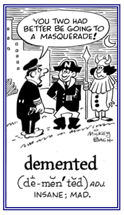 A man and woman are dressed in abnormal clothing as if they were insane or going to a masquerade party.