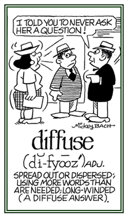 Spread out or dispersed and using more words than necessary.