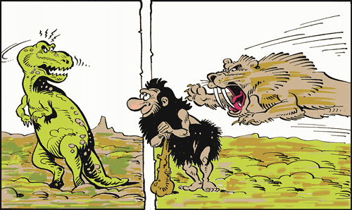 Dinosaur can not touch man because they are from different eras.