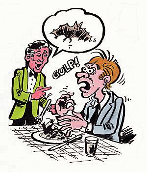 Man is about to vomit because he didn't know that he had been eating a bat and it made him sick.