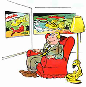 Man has a vivarium for fish in his home.