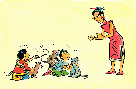 Mother telling sons to quit playing with their food which are pets.