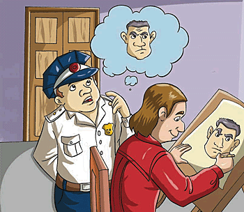 A policeman is describing a criminal to a police artist.