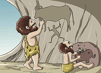 Two cave men are creating pictographs.