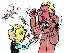 A man hates a mouse and knocks it out of a boy's hand.