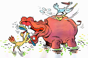 Birds are being symbiotic with a hippopotamus.