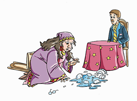 Crystal ball and diviner looking at her broken divination tool.