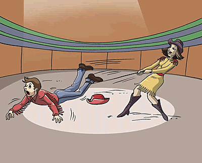 A woman impedes a man with her whip/rope.