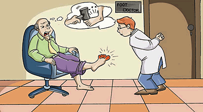 A man is suffering greatly because of the pain in this foot.