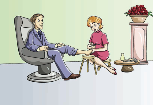 A pedicurist is working on a mans toes.