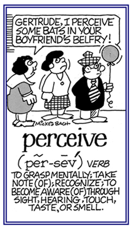 To recognize or to be aware of something by seeing it, hearing it, touching it, smelling it, etc.