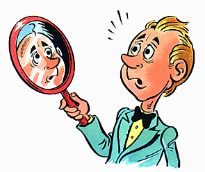 Man sees himself in a mirror as bald even though he is not.