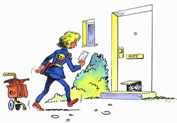 A postal woman is attempting to deliver mail to a house as a cat watches her approach.