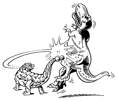 Dinosaur using its special weapon to knock out a Rex.