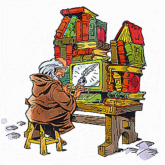 Scribe with his computer stacked with information on top and on the sides.