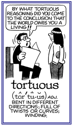 Full of twists or curves and winding in different directions.